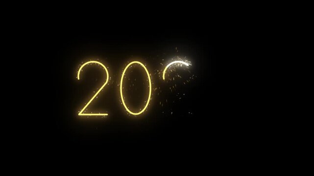 New Year 2027 written by a bright sparkler, each gold digit drawn one after another with flying sparks on a black background, leaving glowing neon style line numbers that hold on screen