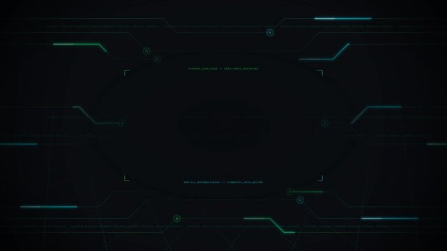 Cybersecurity HUD circuit border frame overlay on dark background with cyan green glowing data lines, telemetry code brackets and center blank negative copyspace for UI graphics in 4K