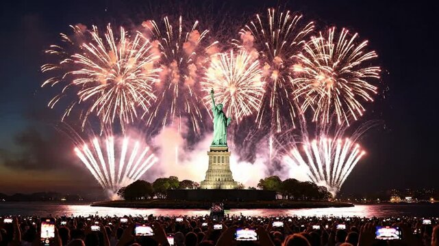 Statue of liberty fireworks celebration: 4th of july new york city skyline night show with crowds capturing moments on smartphones