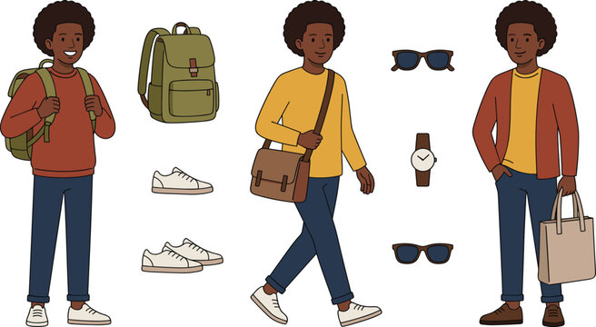African American Male Student Character Set With Backpack Messenger Bag Sunglasses And Tote For University Education Lifestyle Graphic Designs