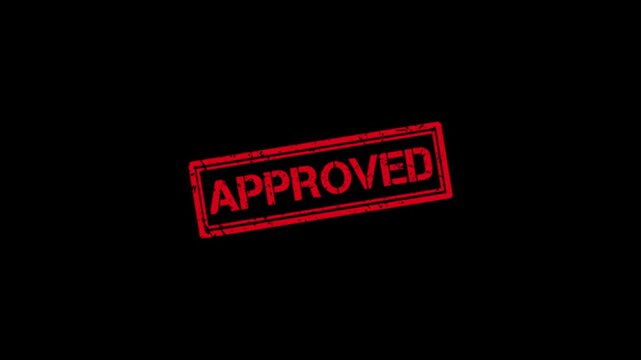 Red approved rubber stamp animation on black background, grunge texture official approval seal