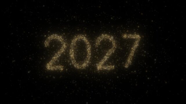 New Year 2027 sparkling gold dust text materializing from scattered particles, glowing and shimmering on a black background, then dissolving back into floating glitter before fading out