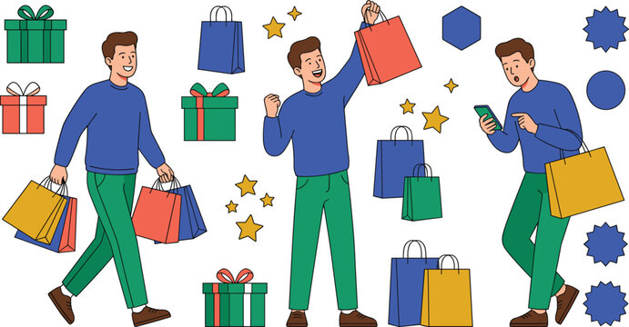 Male Character Shopping Vector Set Featuring Man Carrying Colorful Bags Checking Smartphone Celebrating Sales And Present Boxes For ECommerce Graphic Designs