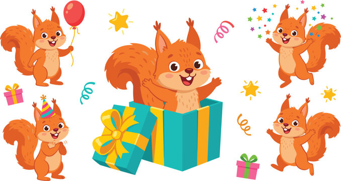 Cute Cartoon Squirrel Birthday Party Character Set With Present Box Balloon Hat Confetti And Stars For Kids Celebration Clipart Designs
