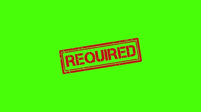 Red required rubber stamp impression on green screen background, minimalist motion for business and administrative notifications