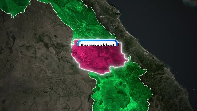 Laos Map Animation Highlighting Savannakhet Province with Location Pin