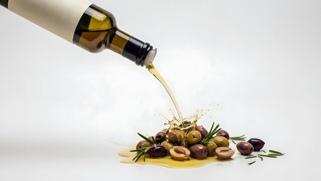 Extra virgin olive oil pouring from glass bottle onto fresh green and black olives with rosemary sprigs