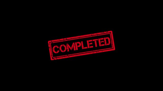 Red completed rubber stamp animation on black background, business approval and task finished concept