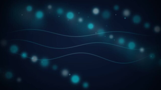 Deep navy blue technology background with glowing ice blue digital bokeh orbs flowing along wavy sine wave lines, abstract data communication motion graphic backdrop loop in 4K UHD