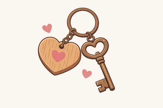 Wooden heart key and keychain charm with small pink hearts for romantic gift tag design and valentine accessory
