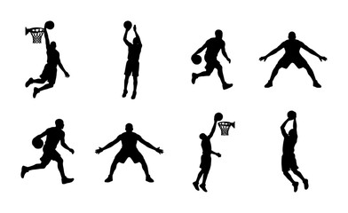 Basketball player silhouettes set with dunk, jump shot and dribble for sports design © Rana