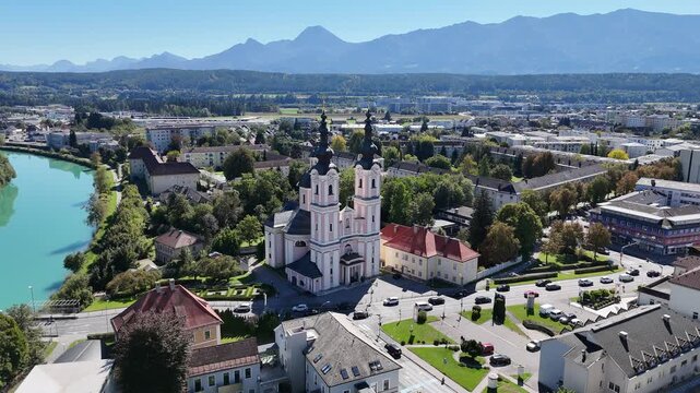 Cinematic Drone Footage of Historical Village &ndash; Austria, Old Town, Church and Alpine Mountains
