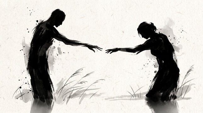 Minimalist black ink painting of two figures reaching toward each other