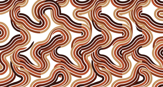 Seamless retro seventies geometric wave vector pattern featuring elegant orange and brown swirling parallel ribbon lines isolated on a white background