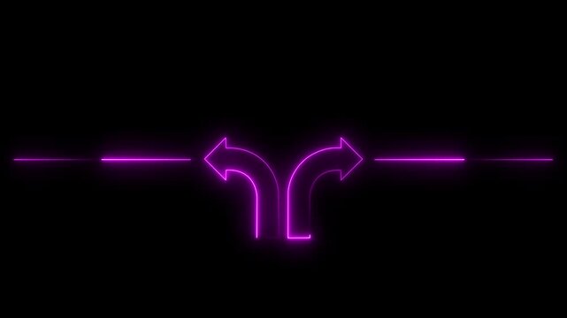 Neon purple glowing split arrows animation, directional signage concept, choice and decision making motion