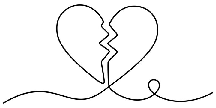 Broken heart shape black line art minimalist symbol represents heartbreak sadness emotional pain or failed relationship.