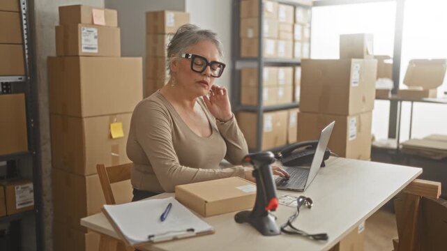 Woman typing on laptop and touching neck while surrounded by shipping boxes, clipboard and barcode scanner at a packing table in a building; tired entrepreneur.