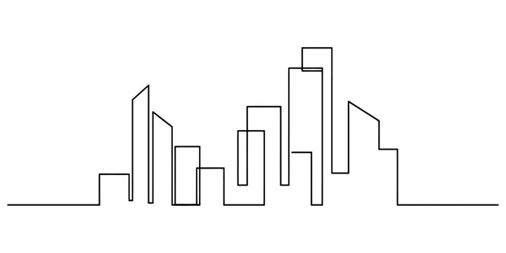 Continuous one line drawing of modern city skyline with multiple skyscrapers and urban landscape architecture.