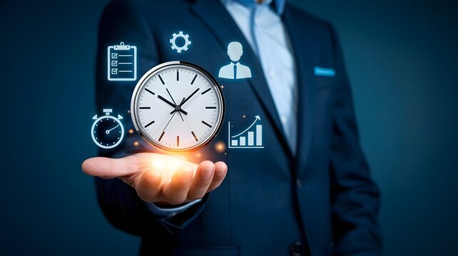 Professional business concept showing time management and strategic planning with digital icons
