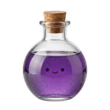 Small glass bottle with purple magic potion and a cute smiley face