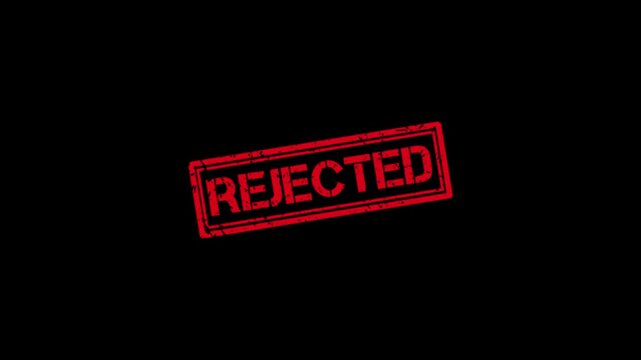 Red rejected rubber stamp animation on black background, grunge texture approval concept