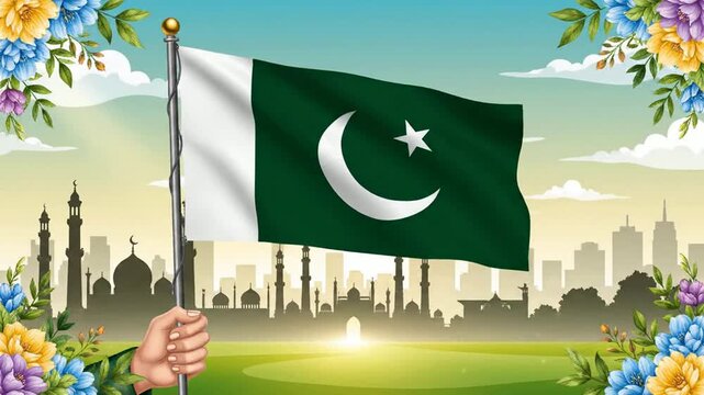 Animated pakistan flag waving in wind with mosque silhouette and floral frame for independence day celebration