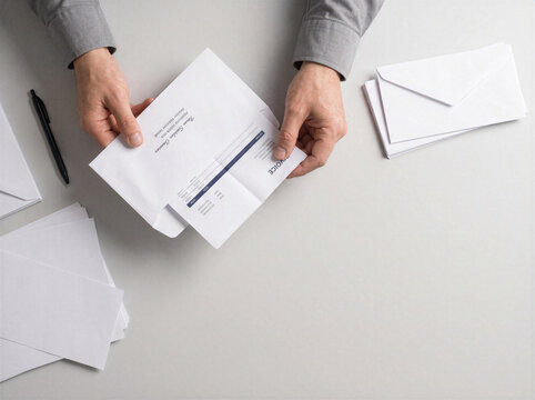 Adult inserting invoice into envelope for bill payment and financial administration at office desk.