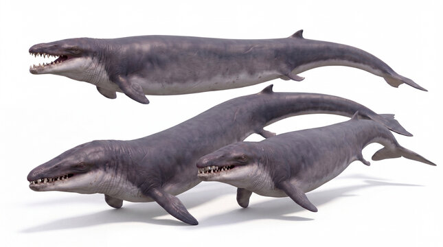 Basilosaurus isis group swimming through prehistoric waters, showcasing these extinct Eocene whales in a natural swimming formation, isolated on a clean white background for educational and scientific