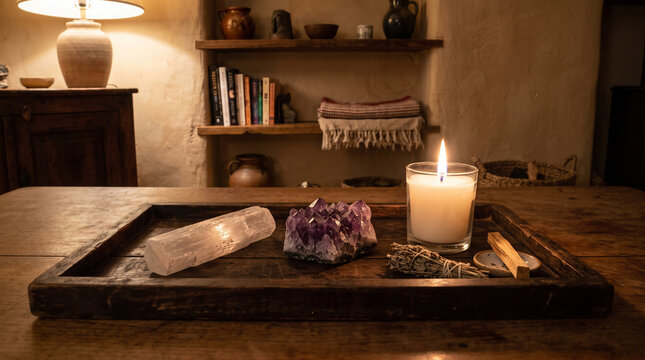 Amethyst cluster, selenite wand, sage bundle and candle on rustic wooden tray, manifestation altar