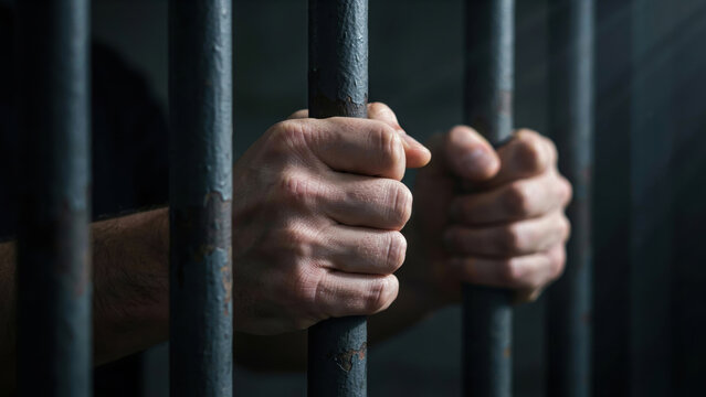 Prisoner hands gripping metal bars in dark jail cell with dramatic