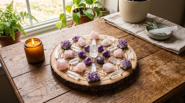Crystal grid with rose quartz, amethyst and clear quartz points on wooden sacred geometry board