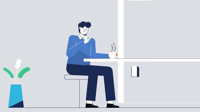 Animated business client sitting at a table with coffee in minimalist vector style design motion graphic footage