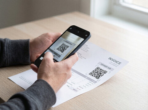 Customer scanning invoice QR code with smartphone for digital payment at home.