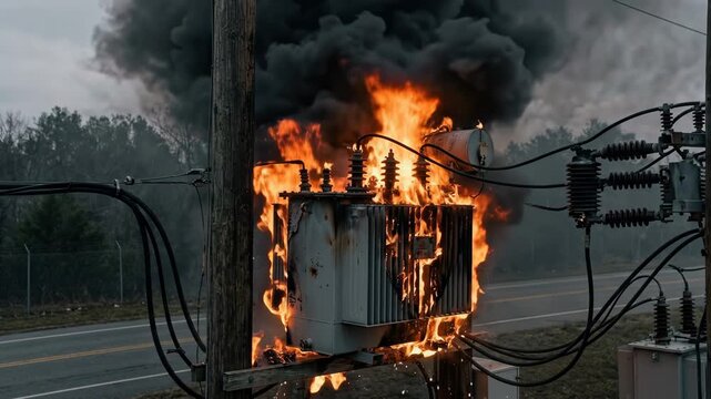 Transformer failure erupts in intense flames and billowing black smoke, creating a dramatic scene of destruction and electrical hazard