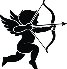Fototapeta premium Black silhouette of a cherub aiming a bow and arrow, with wings spread cupid white