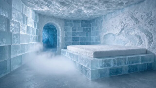 Misty Ice Bedroom with Sculpted Walls and a Frozen Bed