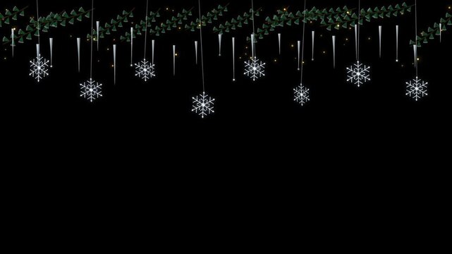 Christmas winter garland border on black with frosted pine branches, hanging crystal icicles and silver snowflakes with falling snow particles for holiday celebration video loop in 4K