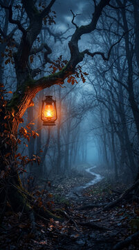 Vintage Lantern Hanging on a Gnarled Tree in a Mysterious Foggy Forest at Night