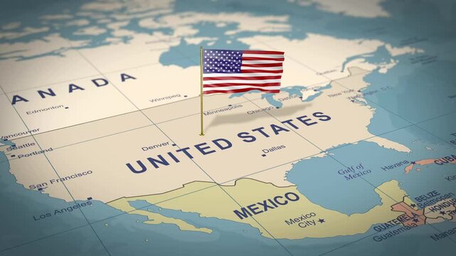 Close-up of USA map with American flag pin in United States, slow camera move