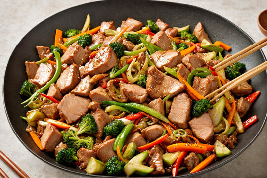 Stir-fried pork with fresh vegetables and ginger served in a lar