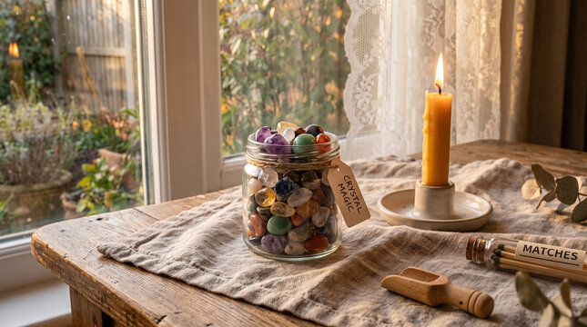 Glass jar of tumbled crystals with lit candle on linen cloth by window, cozy ritual