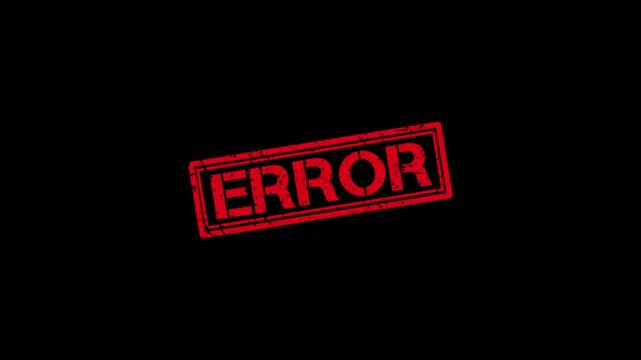 Red grunge error stamp animation on black background, digital system failure concept