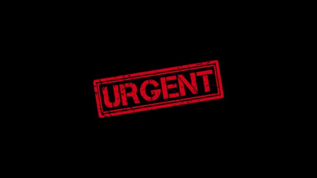 Urgent red rubber stamp animation on black background, grunge style priority notification overlay