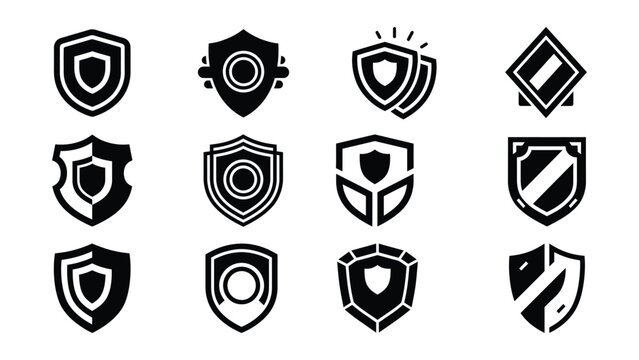 Collection of various stylized shield icons with different modern designs and patterns