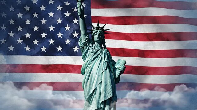 Statue of liberty with waving us flag and moving clouds background, for patriotic american, events american flag