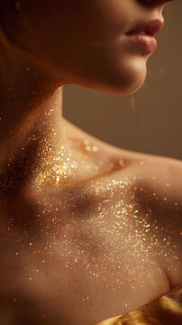 Close up collarbone glitter makeup warm light