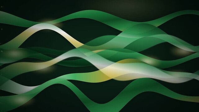 Deep emerald forest green satin ribbon waves with warm golden undertone sheen flowing across dark background, luxurious waving fabric motion backdrop for holiday celebration video in 4K