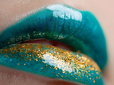 Close up of glossy turquoise lips with golden glitter