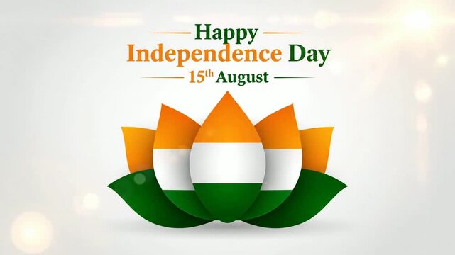 Happy india independence day 15th august background, animation with tricolor, lotus flower and, glowing bokeh light effects