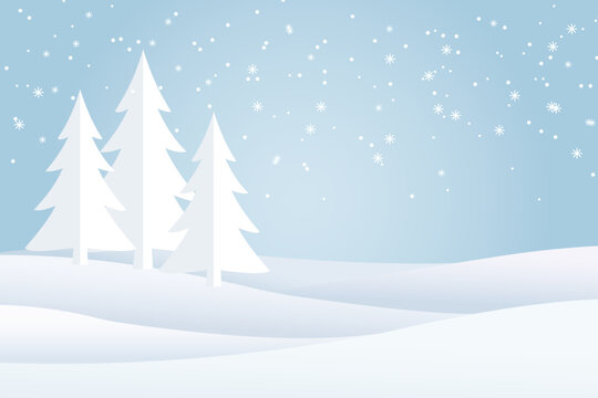 Winter landscape vector background with white pine trees and falling snowflakes on light blue sky gradient
